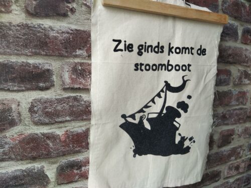 Sinterklaas banner, vlag, zie ginds komt de stoomboot, pakjesavond, kinderfeest