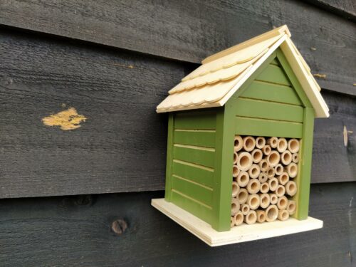 Bijenhuisje, bijenhotel, donkergroen, hout, tuin